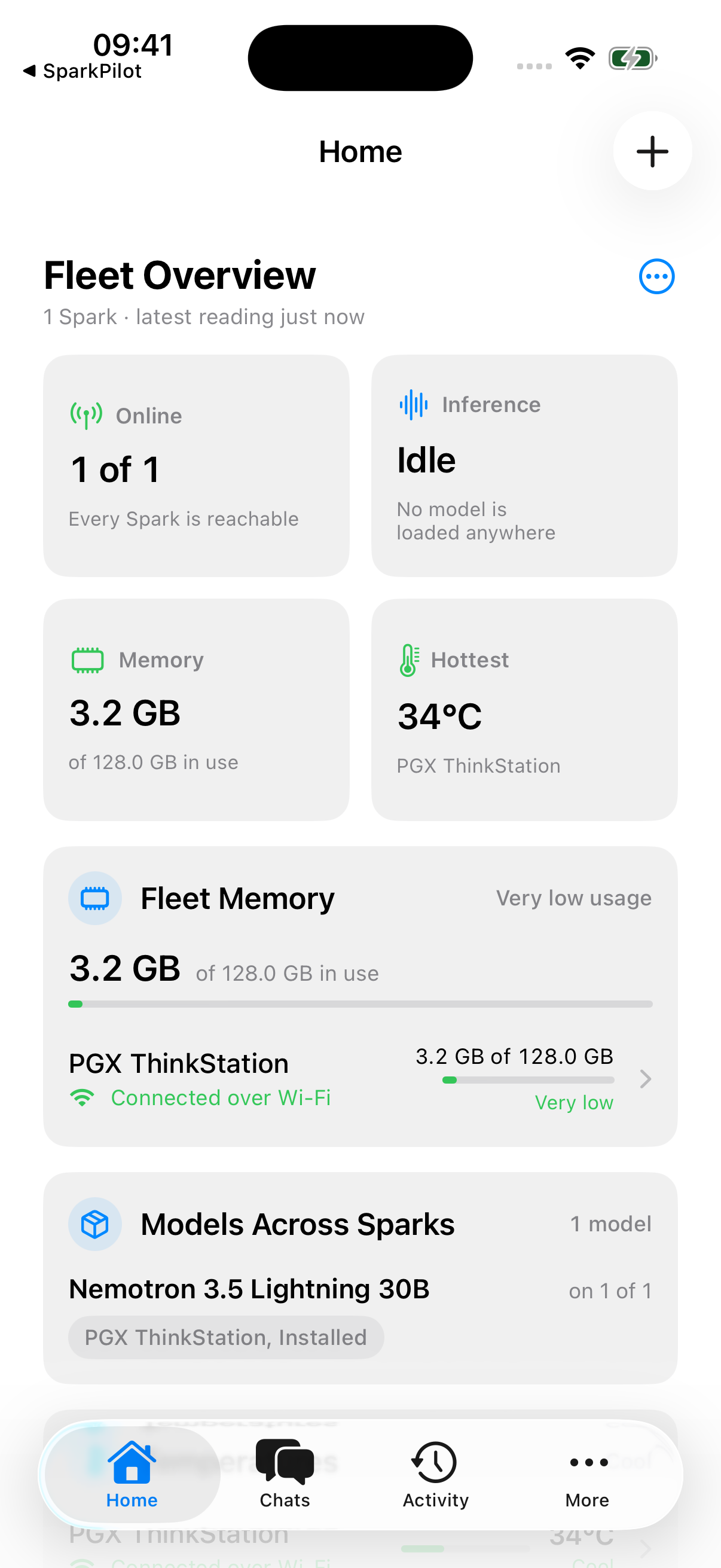SparkPilot Home showing a connected Spark, fleet memory, and installed model