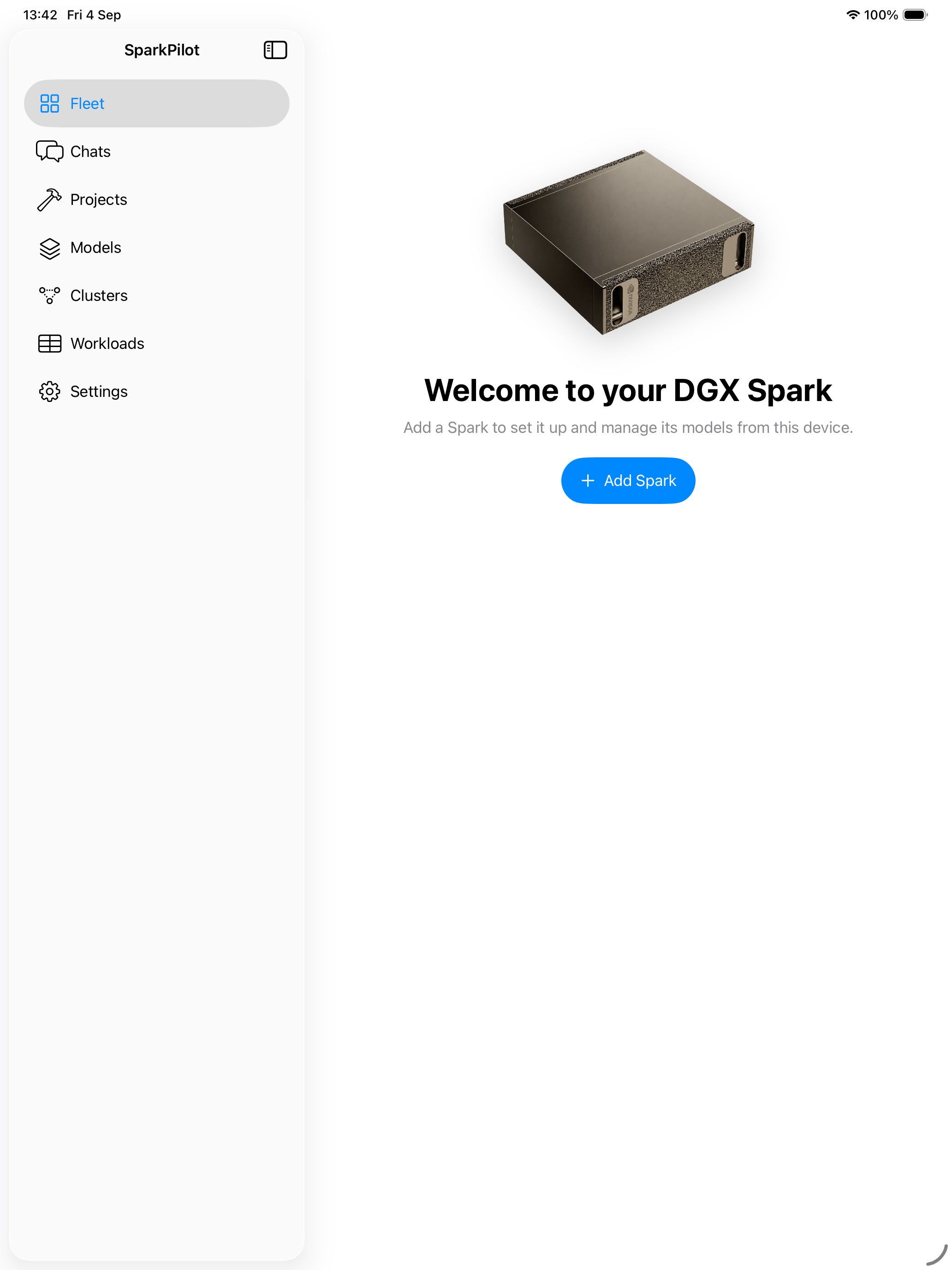 SparkPilot in the iPad simulator, with its sidebar and setup screen before pairing a Spark