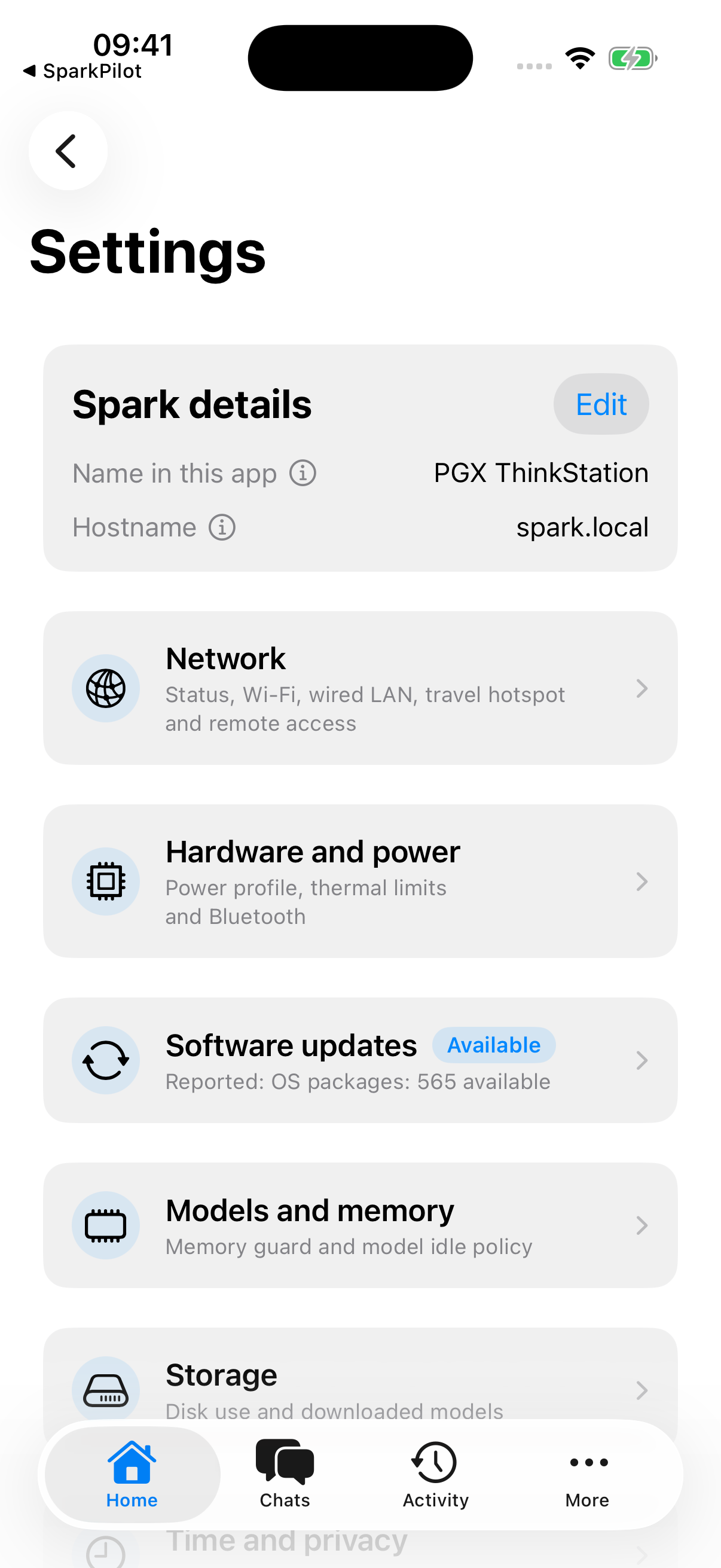 SparkPilot settings for network, hardware, updates, and models