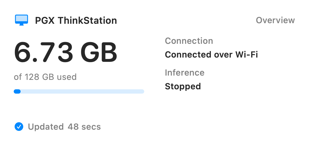 SparkPilot overview widget showing 6.73 GB of 128 GB used, connected over Wi-Fi, and inference stopped